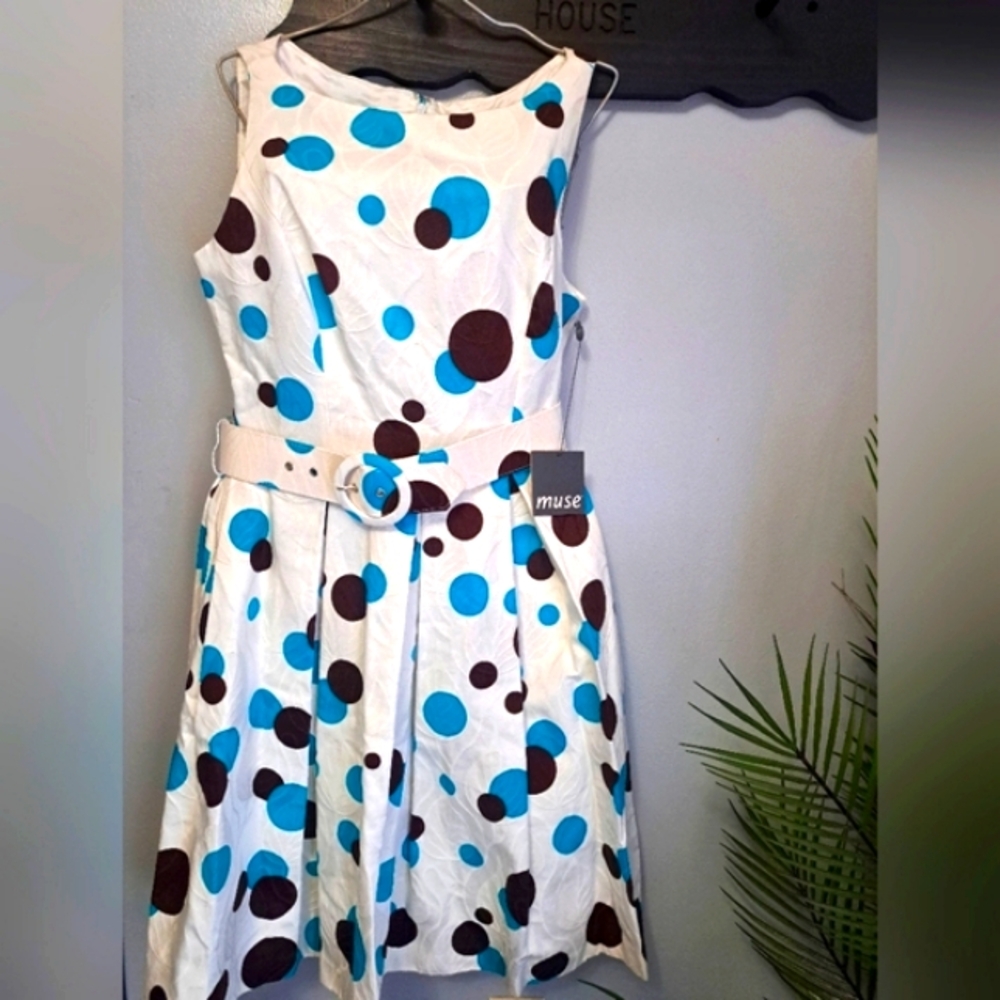 Muse White Dress Turquoise Brown Polka Dots Matching Belt Size 6 - Picture 2 of 8